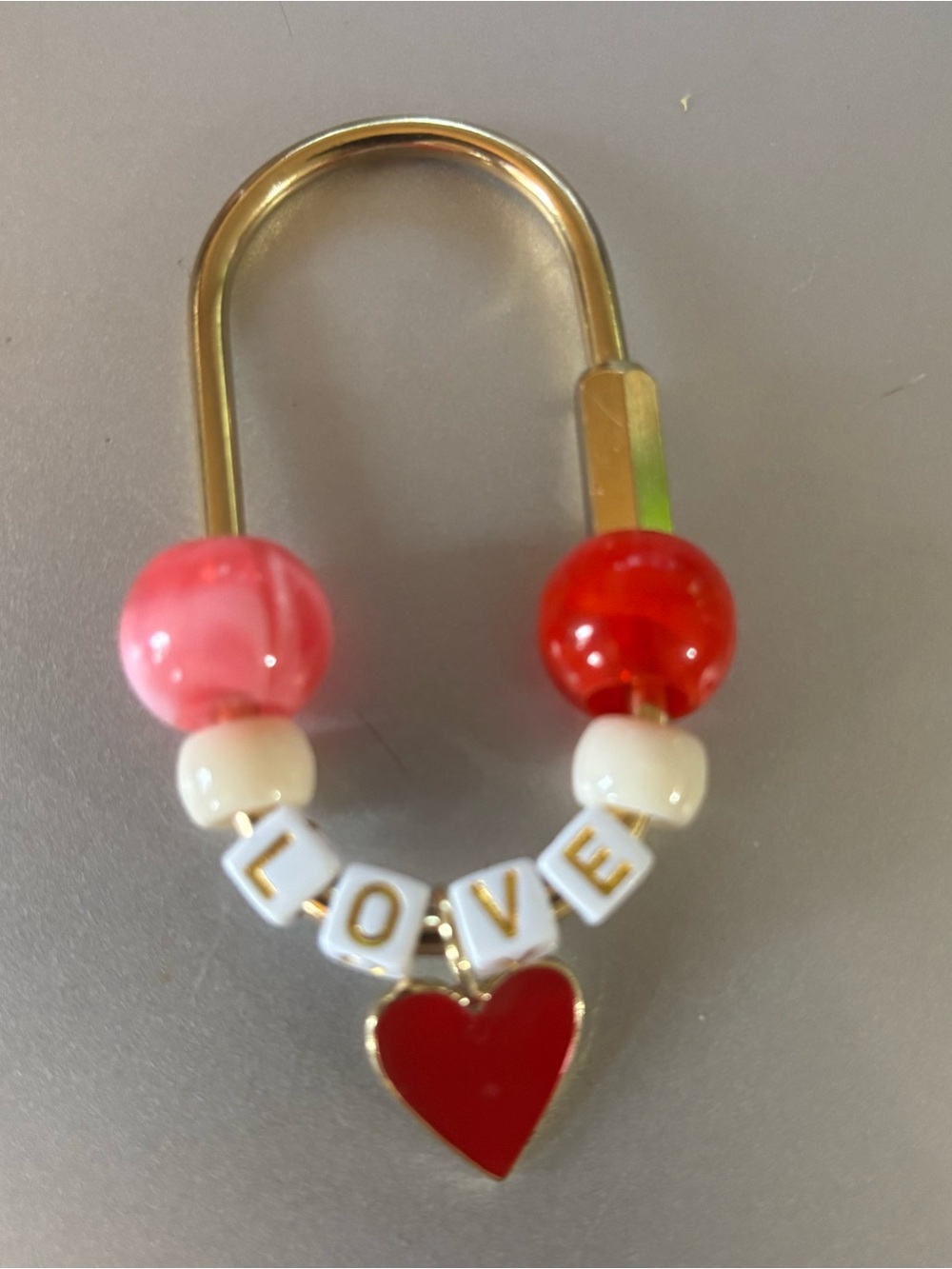 Gold Carabiner Bag Charm with 'LOVE' Beads and Red Heart